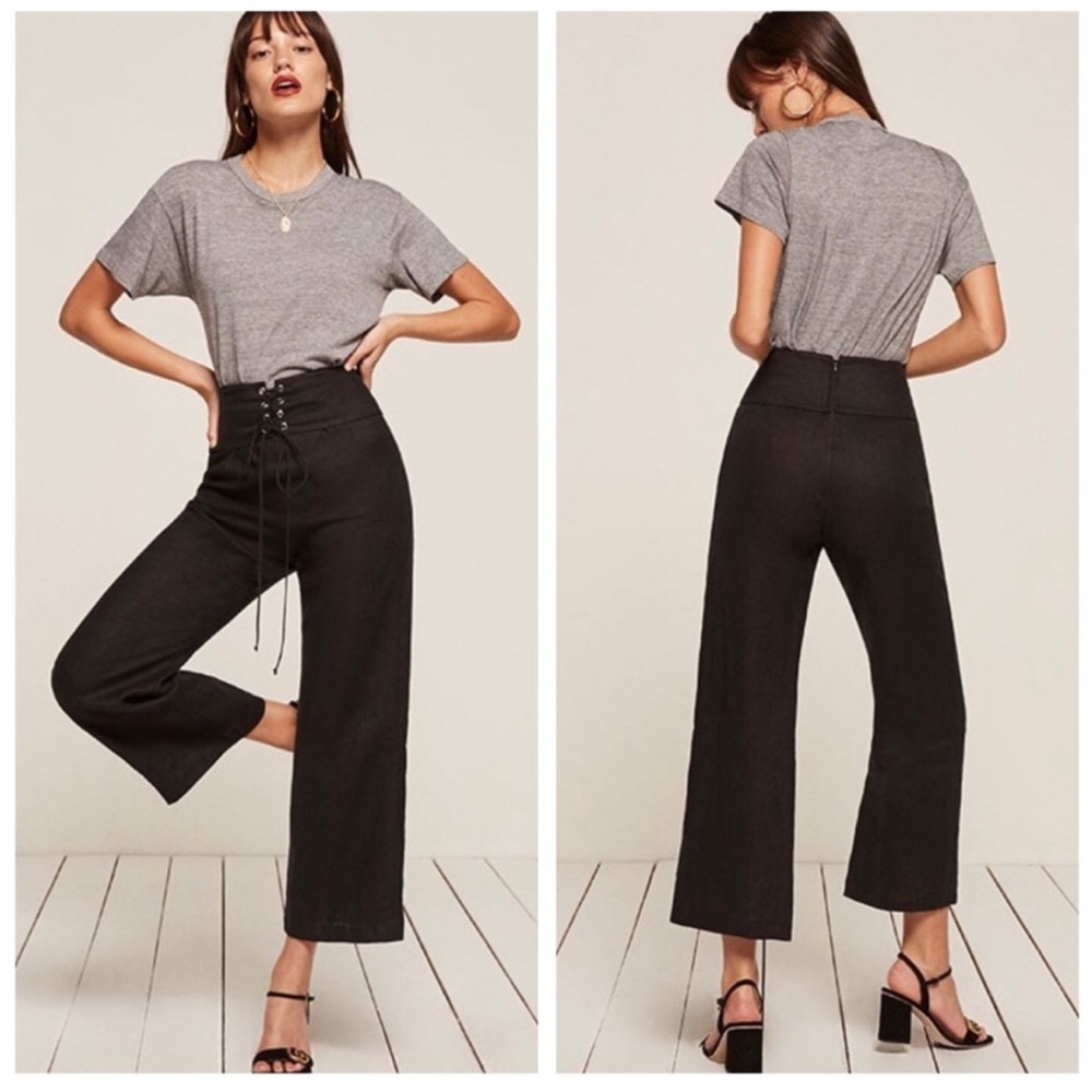 Reformation Black High-Waist Wide-Leg Lace-Up Pants